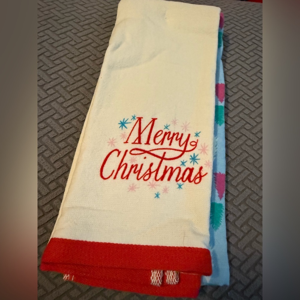 Festive Merry Christmas and Christmas Tree Kitchen Towels - 2 towels included.